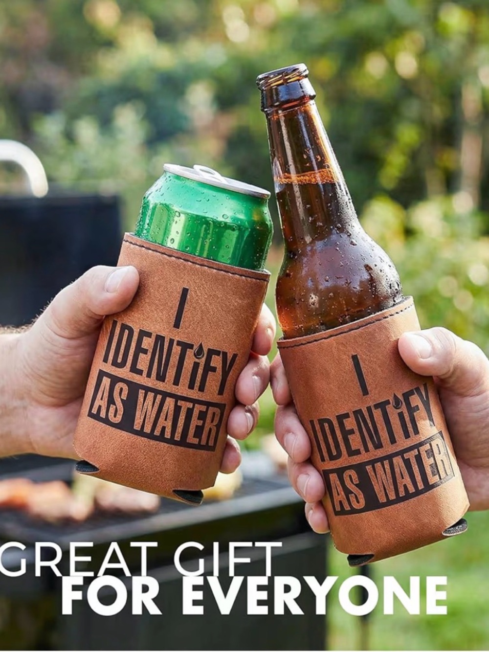 "I Identify As Water" Brown Can & Bottle Koozies